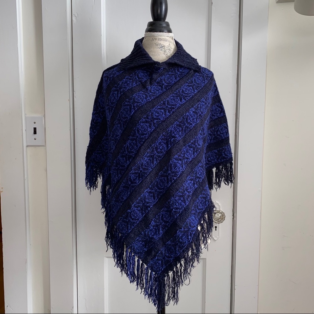 Blue fringed poncho cape